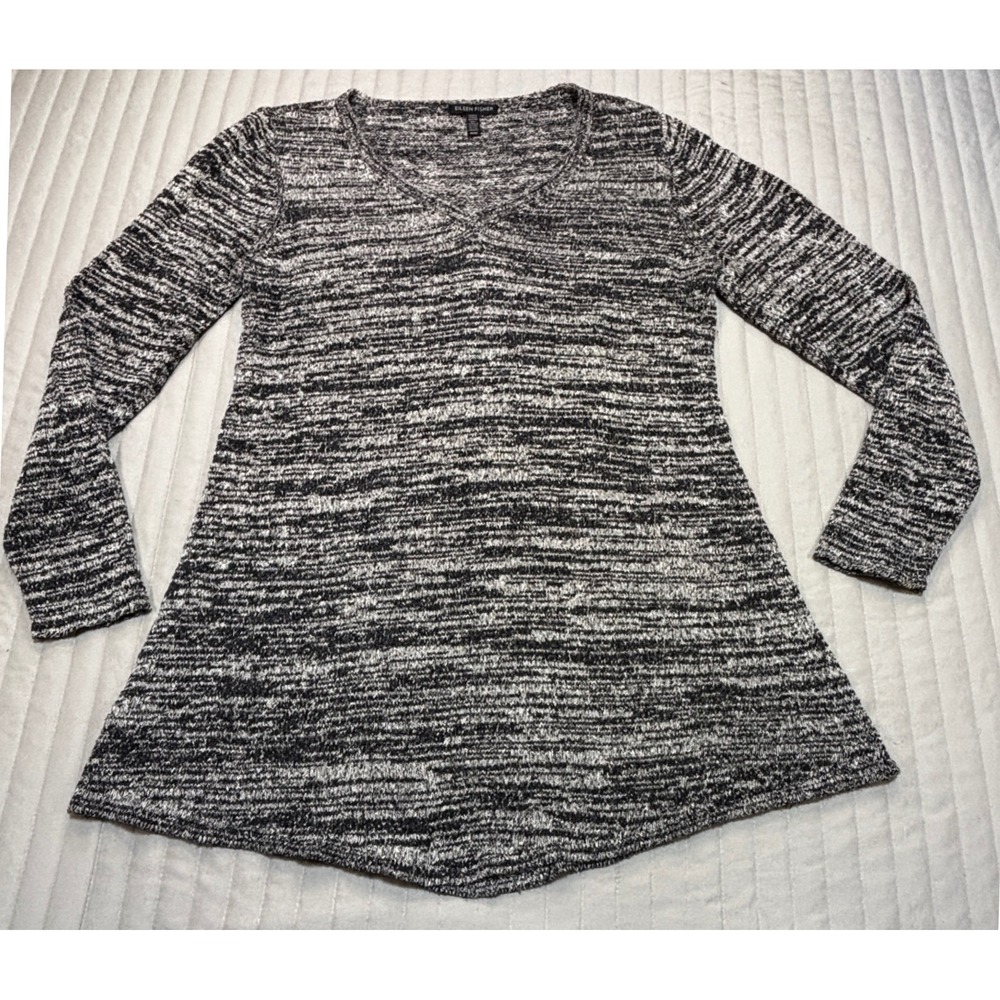 Eileen Fisher 100% Silk V-Neck Tunic Sweater Black White Space Dye Womens Medium